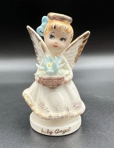 Napco Porzellan Juli Geburtstag Engel Figur 3" blaue Schleife & Blume Vintage Japan - Bild 1 von 12