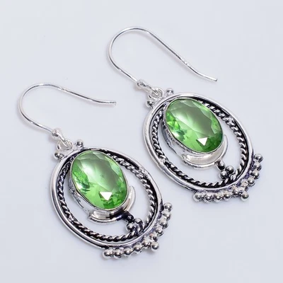 Peridot Gemstone Vintage Style Handmade 925 Sterling Silver Earrings 1.9" C983 - Image 1 of 4