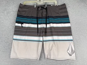 Volcom Swim Trunks Mens 36 Gray Blue Stripe Board Shorts Beach Surf 36x10 - Picture 1 of 14