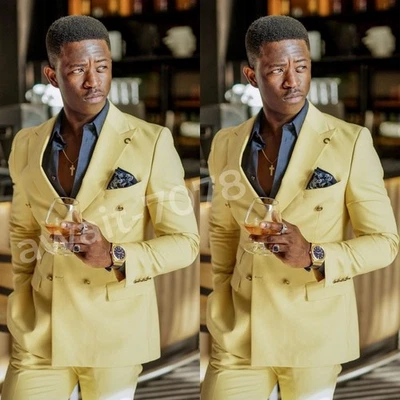 Trajes amarillos para hombre solapa pico doble pecho formal fiesta de negocios hombres esmoquin Foto 1 de 4