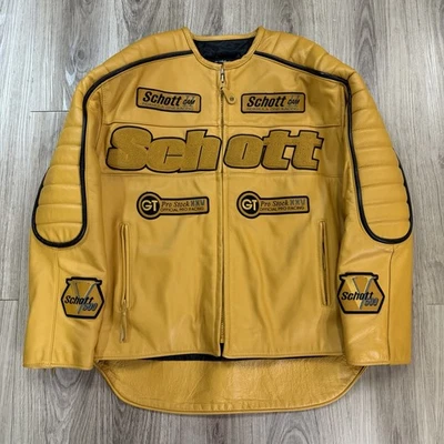 Chaqueta de cuero amarilla vintage Schott Formula One Racing GT Pro Stock XXV XXL EE. UU. Foto 1 de 4