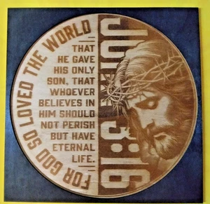 Laser Cut & Engraving Jesus Wood Art Display Bible Quote John 3:16 Jesus 12"x12" - Picture 1 of 7