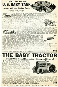 Kleingedruckte Anzeige von US Baby Tank & Baby Tractor Toy treat em rough Yankee Pep von 1936 - Bild 1 von 2