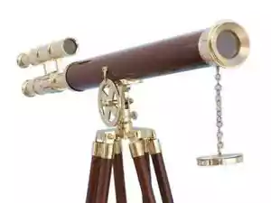 Antique Nautical Floor Standing Telescope Brass 39" With Wooden Tripod Stand - Picture 1 of 6