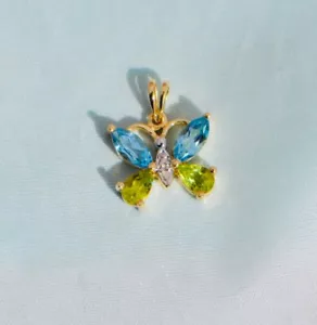 Ciondolo farfalla vintage oro massiccio 10 carati topazio naturale peridoto e diamante pietra preziosa - Foto 1 di 4