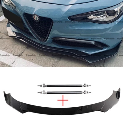 For Alfa Romeo Giulia Front Bumper Lip Spoiler + Strut Rods Glossy Black Foto 1 de 4