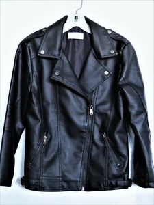 LJYH Soft Black Faux Leather Jacket Moto Teen 13-14 Years Fully Lined Washable - Picture 1 of 12