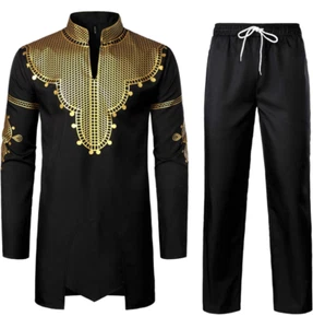 Elegant African Long Sleeve Gold Print Dashiki Shirt & Pants Traditional Suit XL - Picture 1 of 8