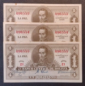 3 Serial Number Sequence 1928 Bolivia Un Boliviano Banknotes Unc/AU  (B131) - Picture 1 of 10