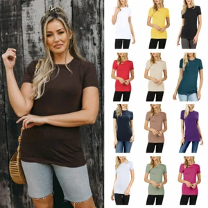 Womens Basic Solid Cotton Short Sleeve Crew Neck Long T-Shirt Top - Picture 1 of 65