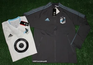 Adidas MLS Minnesota United FC Jacket & Away Auth Soccer Jersey, Grey/White, S - Picture 1 of 14