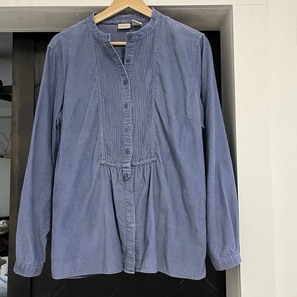 Camisa Top LL Bean Mujer Mediana Azul Pana Botón Plisado Manga Larga Informal Foto 1 de 4