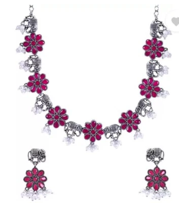 Oxidised Silver-Plated Pink & White Stone Studded & Beaded Handcrafted Jewellery - Image 1 of 4