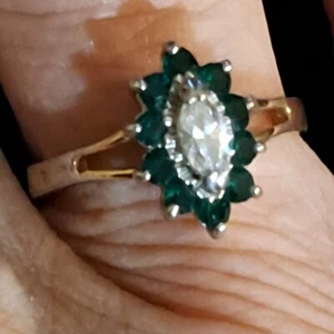 Vtg Stunning 14K GE Ring Marquise Clear Stone & Green Stones Prong Set Size 7.5 - Picture 1 of 11