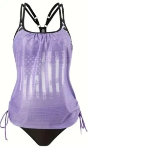 Womens Swimsuit Tankini Bikini Purple Black American Flag Swim Ruched-sz 2XL - Picture 1 of 14