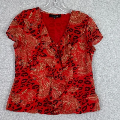 Jones Wear Top Womens 4P Red Animal Print Button Up Sheer Lined Ruffled Blouse - Image 1 of 4