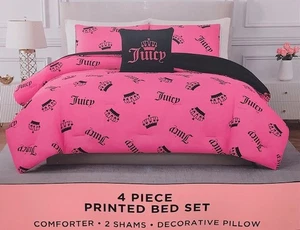 Juicy Couture rose vif/noir couronnes et logos QUEEN 4 pièces ensemble couette, chamois, oreiller - Photo 1/9