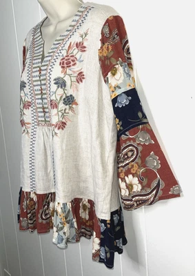 Coldwater Creek Embroidered Linen Boho Top Women’s S Mixed Print Bell Sleeve EUC - Image 1 of 4