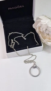 Pandora Sterling silver 925 O Pendant Long Necklace pave pink and heart Boxed - Picture 1 of 13
