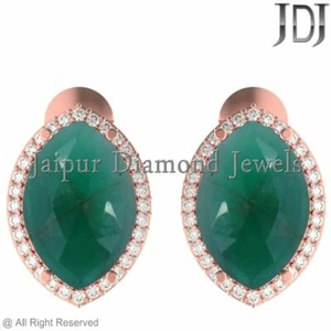 Natürliches Grün Smaragd Pflastern Diamant Massiv 14k Rose Gold Ohrstecker Neu - Bild 1 von 3