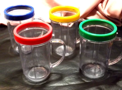 4 MAGIC BULLET  16 OUNCE PLASTIC CUPS WI TH COLORED RINGS - Image 1 of 4