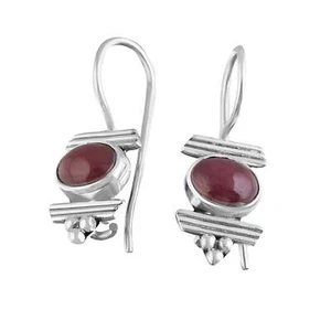 Genuine Red RUBY Gemstones Solid 925 Sterling SILVER Oval Latch-back Earrings - Picture 1 of 8