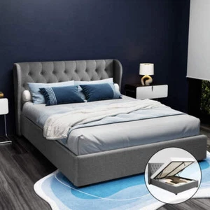 Artiss Issa Bed Frame Fabric Gas Lift Storage - Grey Queen - Picture 1 of 8