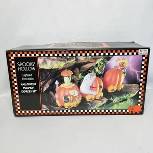 Halloween Espeluznante Hueco Iluminado Porcelana 1997 Halloween Pumpkin Express Set - Imagen 1 de 10