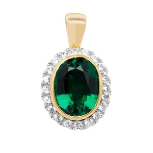 Men's 9ct Gold Created Emerald and White Sapphire Oval Necklace - Picture 1 of 4