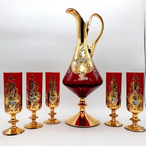 Vintage Bohemian Ruby Red Gold Enamel Hand Painted Decanter Ewer 6 Cordial Set - Picture 1 of 12