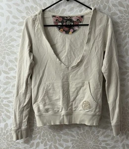 Vintage Lucky Brand Women’s XS Ivory Deep V Neck Boho Cropped Hoodie Sweatshirt - Picture 1 of 11