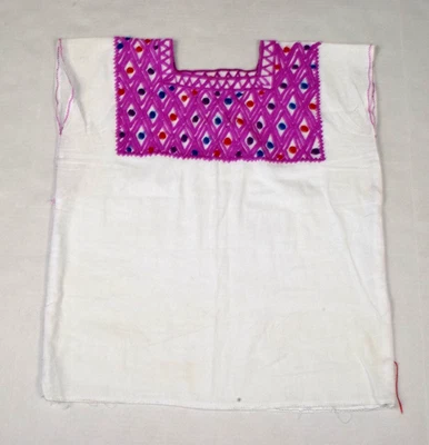 Vintage Mexican Huipil Shirt Size S 90s Violet Diamond Embroidered White Cotton - Image 1 of 4