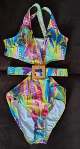 SHEIN Rainbow Leaf Tropical Print Cut Out Belted One Piece Swimsuit Summer Beach - Picture 1 of 6