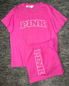 Victoria's Secret Pink Campus Tee Shirt + Classic Shorts Set Pink Gossip L or XL - Picture 1 of 10