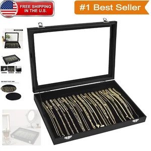 Black Jewelry Storage Display Case - 20 Hook Velvet Necklace Organizer with Lock - Picture 1 of 8