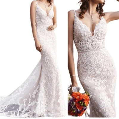 Vestido de novia Kitty Chen Taylor corte en V espalda abierta encaje H1846 en blanco/bronceado Foto 1 de 4