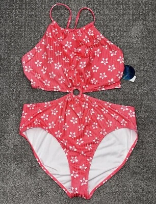 Traje de baño de una pieza floral coral $64 DECREE con recortes laterales y traseros nuevo con etiquetas ~ talla XL Foto 1 de 2