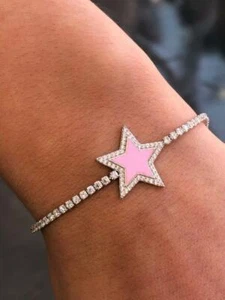 Platinum Sterling Silver Pave White Sapphire Pink Enamel Star Tennis Bracelet - Picture 1 of 12