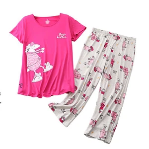 Women's 2 Piece Pajama Set Short Sleeve Crew Neck Capri Soft Cute Cartoon Pjs - Picture 1 of 25