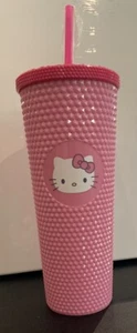 NEW Hello Kitty Cup PINK Studded Tumbler Straw & Lid 9” STARBUCKS Style - Picture 1 of 6