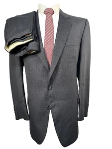 PIERRE CARDIN Mens Black Stripe Wool Flat Front 2pc Suit 41L Jacket 36x29 Pant - Picture 1 of 13