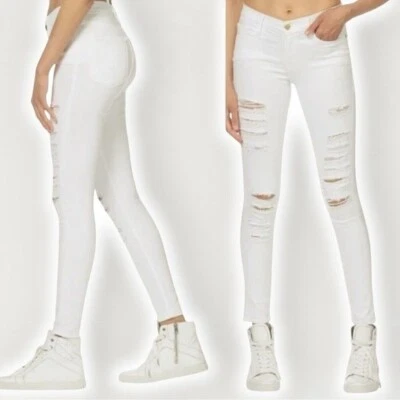Frame Denim Le Skinny de Jeanne 28 Blanc White Distressed Destroyed Stretch - Image 1 of 4