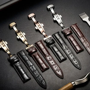 18-24mm Genuine Leather Watch Strap Band Butterfly Deployment Clasp Bracelet - Picture 1 of 19