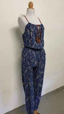 Jumpsuit / Overall mit Paisley-Muster in Blau + Lederbändern Gr. S 36 / 38 NEU - Bild 1 von 4