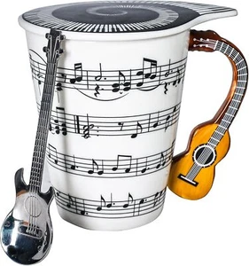 Novedad Taza Regalo Musical Taza de Café con Tapa y Mango de Guitarra Diseño y Cuchara - Imagen 1 de 7