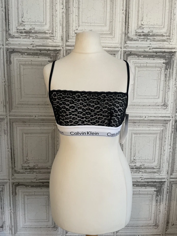 Calvin Klein Ladies Bralette Size Small New Black Lace Logo  - Image 1 of 4