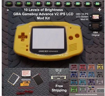 10 Level Brightness GBA V2 IPS LCD Mod Kit w/glass lens - Yellow - Image 1 of 4