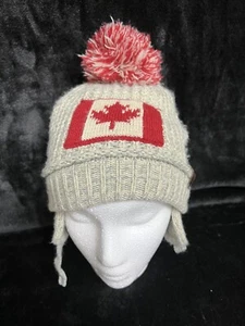 Roots Canada Infant Children's Winter Beanie Cap Hat Knit PomPom Red/TanSz12-24m - Picture 1 of 13
