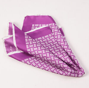 New $215 KITON NAPOLI Plum Purple-White Basketweave Print Silk Pocket Square