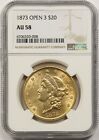 1873 Open 3 $20 NGC AU 58 Liberty Head Gold Double Eagle